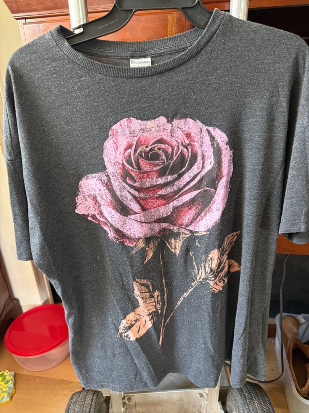No Boundaries Charcoal Tee with Pink Rose Graphic